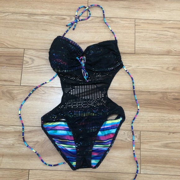 OP Ocean Pacific Bikini Size M Open Back Ties One Piece Mesh Black Tropical EEUC - Picture 5 of 5